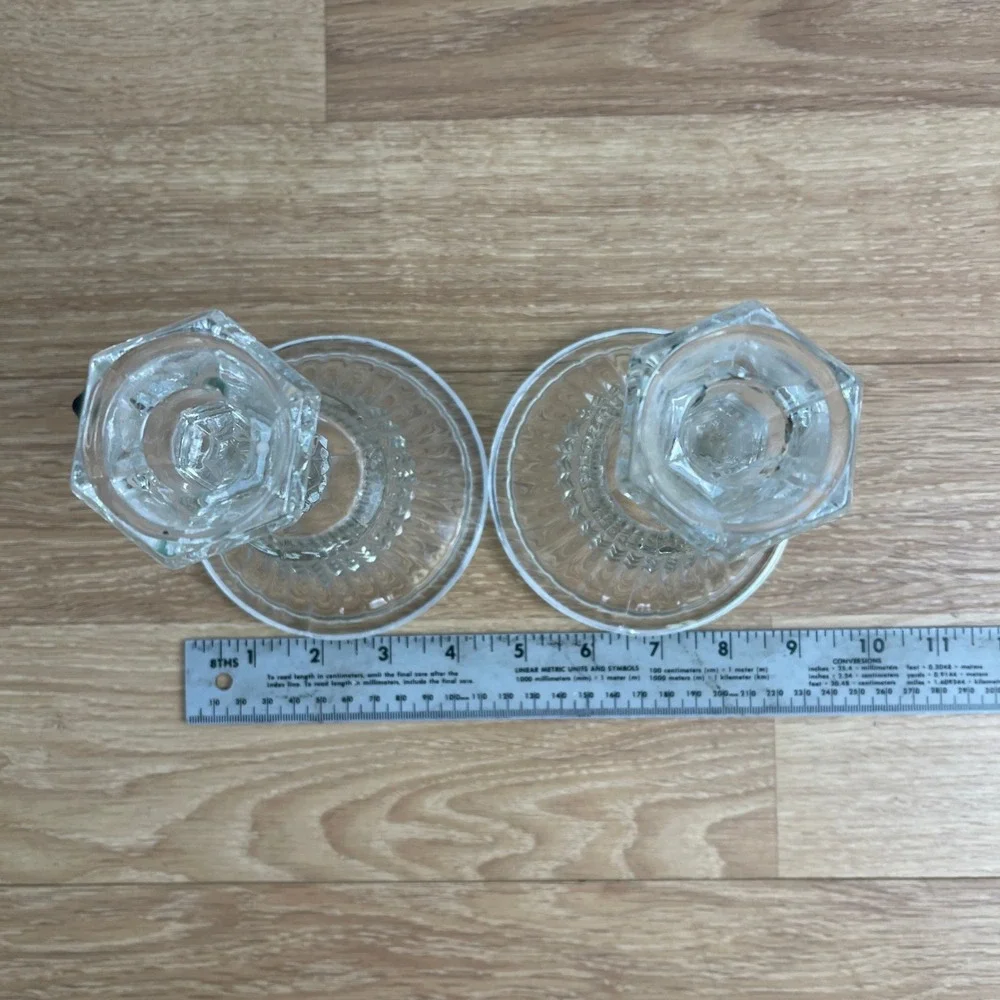 Vintage Indiana Clear Pressed Glass Taper Candlestick Holders Pair 7.5in